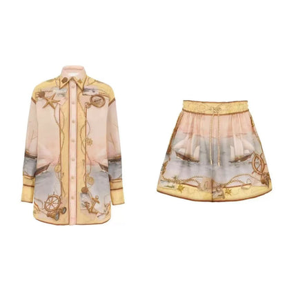 Set lụa quần sọt áo sơ mi hoạ tiết xe ngựa vàng cực xinh 6742