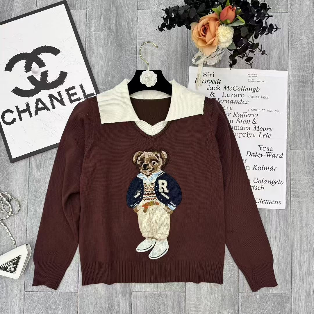 Áo len gấu dài tay cổ bẻ màu Đỏ Đậm 6887