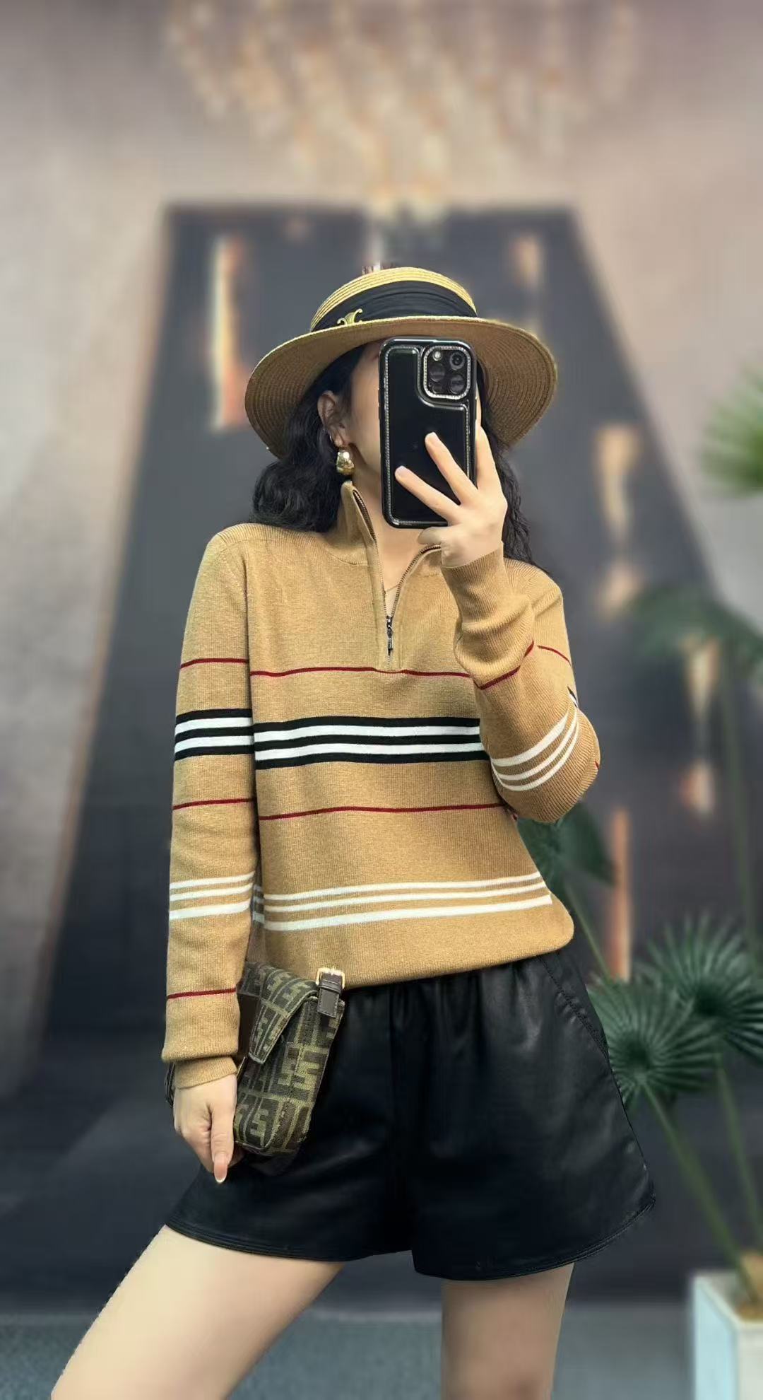 Áo Bb len dày ấm màu nude sọc ngang dây kéo cổ 7712