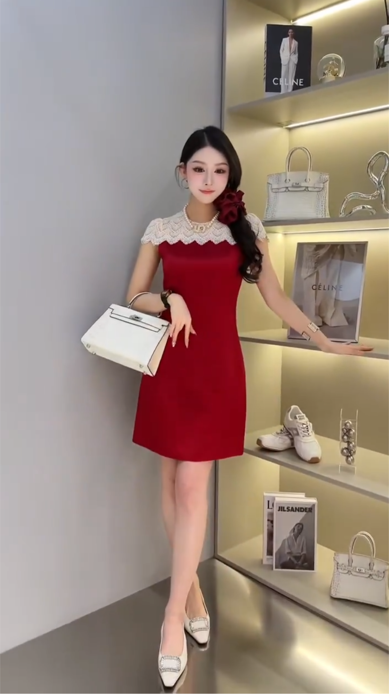 Đầm lụa Đỏ suông ren cổ tay trắng xinh xỉu 5547