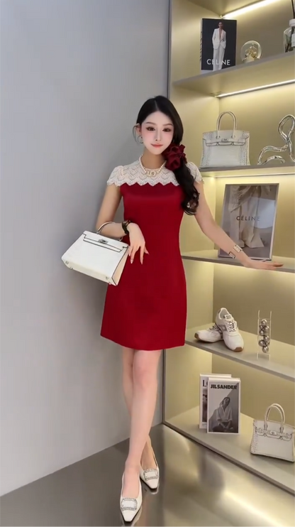 Đầm lụa Đỏ suông ren cổ tay trắng xinh xỉu 5547