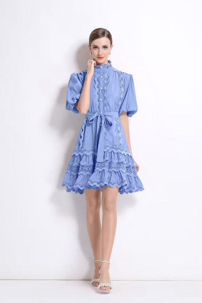 Đầm ngắn bèo gấu phối ren kèm belt Màu Trắng 6745