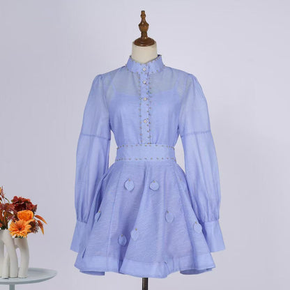 Set váy lụa ngắn xòe tay dài màu đen 6759