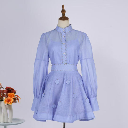 Set váy lụa ngắn xòe tay dài Màu Xanh 6762