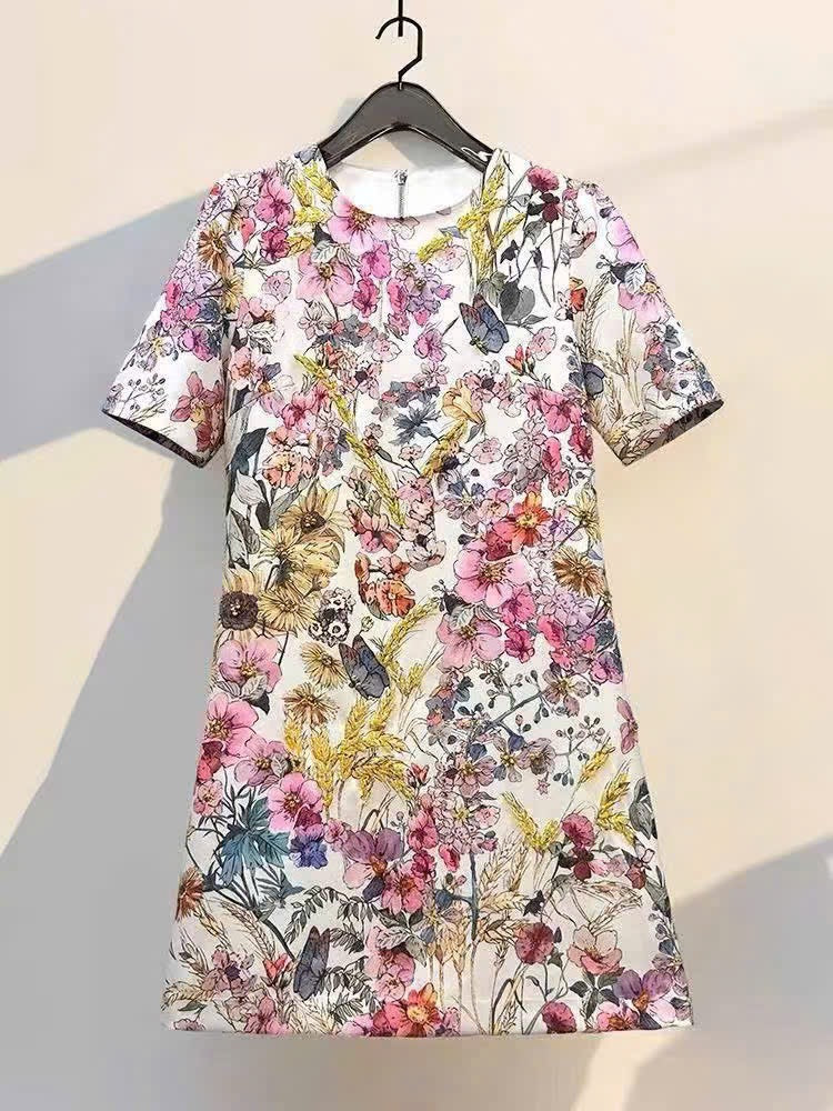 Đầm suông lụa hai lớp bông hoa nhỏ hồng 6801