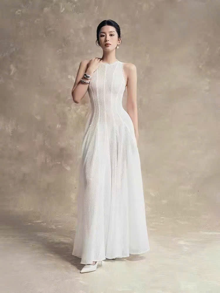 Đầm thiết kế dài maxi sát nách chất ren 2 lớp cực đẹp Màu Trắng 5555