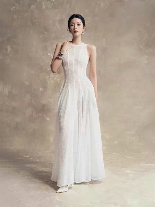 Đầm thiết kế dài maxi sát nách chất ren 2 lớp cực đẹp Màu Trắng 5555