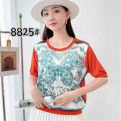 Áo len phối lụa bướm xanh cam 2114