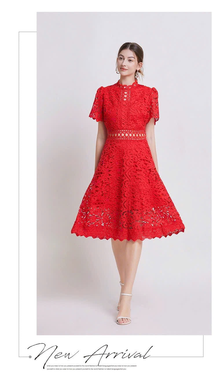 Đầm ren liền viền eo xịn MÀU ĐỎ 5968