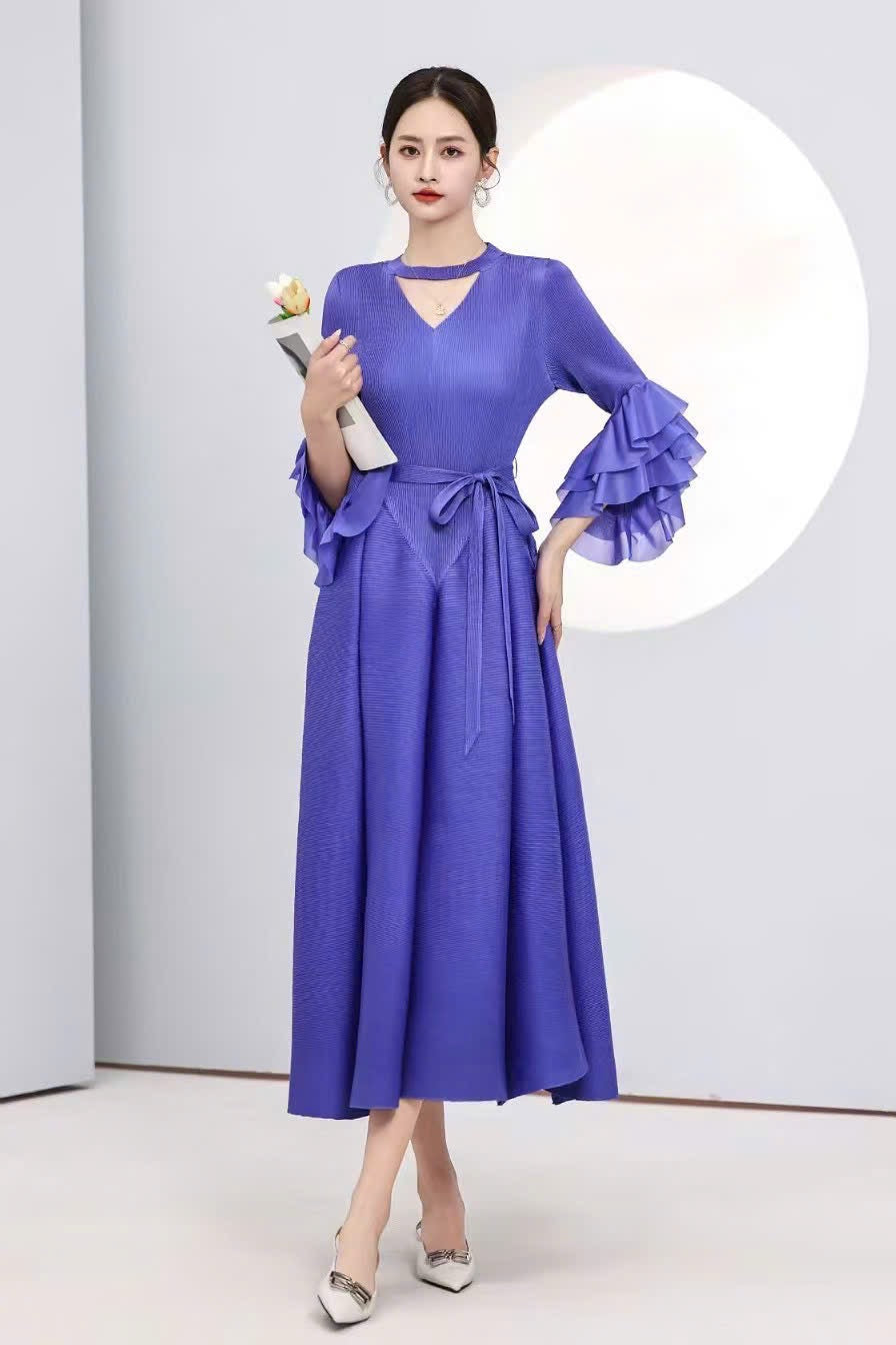 Đầm thun nhún xếp li tay bèo màu tím 5148