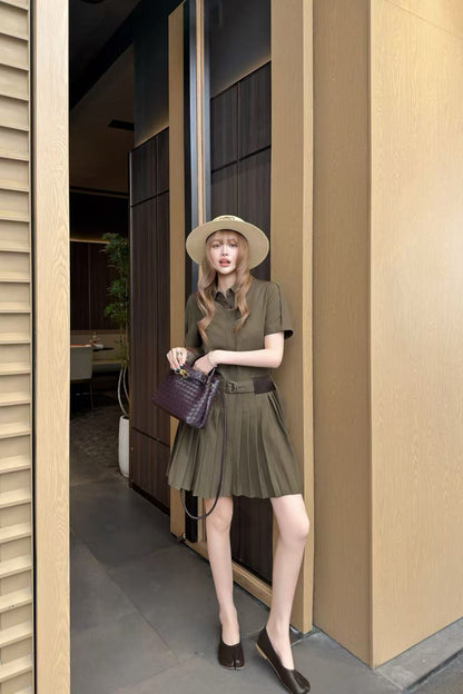 Đầm Loewe xếp li kèm belt xịn Màu xanh rêu 8294