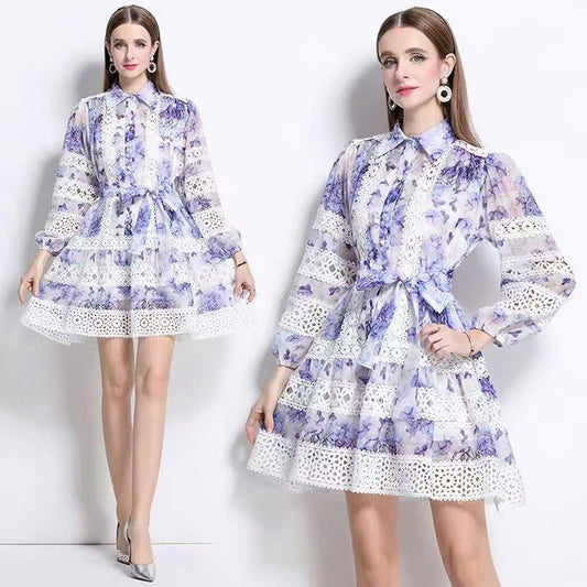 Đầm voan lụa tay dài dây cột màu tím 6334