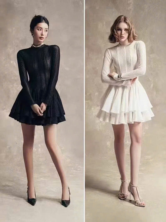 Đầm thiết kế cao cấp ren 2 lớp tay dài Màu Đen 5558