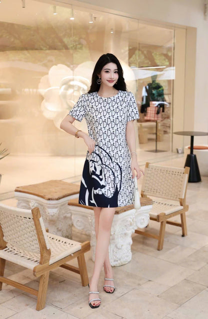 Đầm suông lụa CD Trắng Xanh than 6711