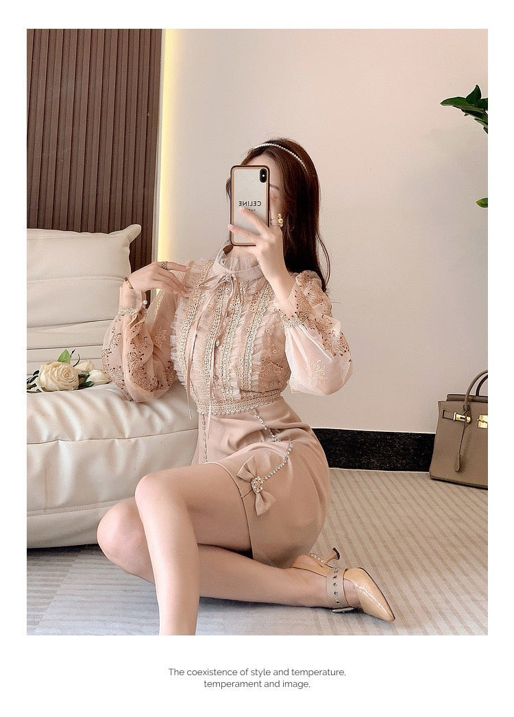 Đầm lụa ren nude dài tay 1549