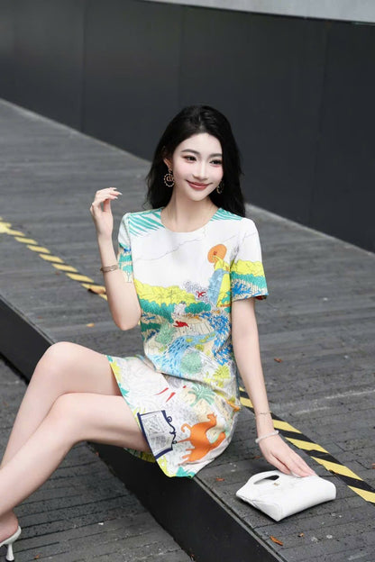 Đầm suông hoạ tiết trắng vàng 6707