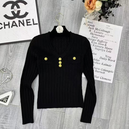 Áo len cổ tim dài tay nút ngực Màu Trắng 6859