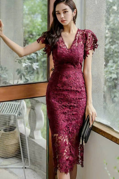 Đầm ren cổ tim quyến rũ Màu Vàng 6329