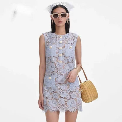 Đầm ren sát nách ngắn màu xanh nhạt 6321