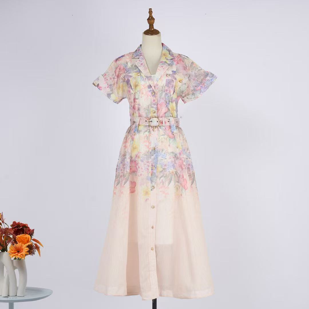 Đầm lụa cổ sơ mi nền kem bông nhỏ hồng kèm belt 6767