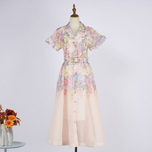 Đầm lụa cổ sơ mi nền kem bông nhỏ hồng kèm belt 6767