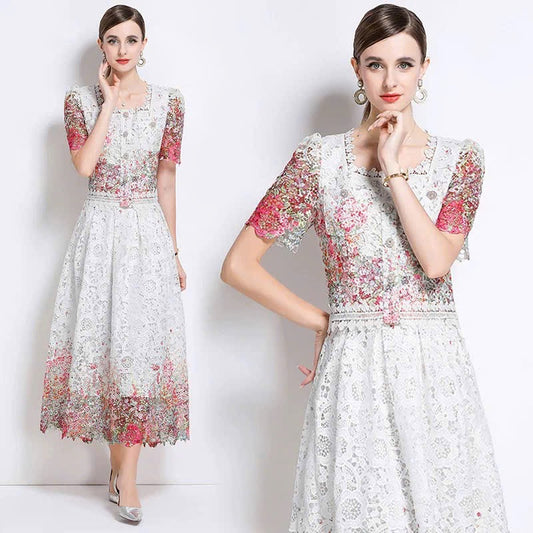 Sét ren chân váy áo cổ vuông hai túi ngực màu hồng 6312