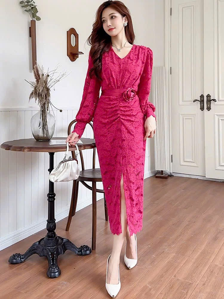 Đầm ren hồng sen dây cột eo mềm mại 6314