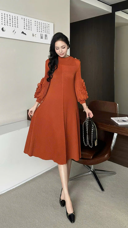 Đầm suông nhún cao cấp tay bồng Màu ĐEN 5024