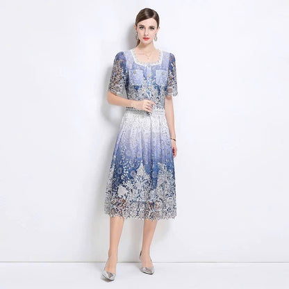 Sét ren chân váy áo cổ vuông hai túi ngực màu xanh 6313