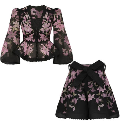 Set lụa quần sọt áo dài tay xịn hoa tím màu đen 6783