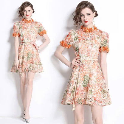 Đầm ren ngắn kèm dây belt bông màu xanh 6318