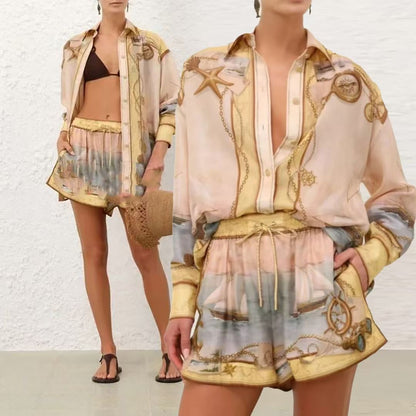 Set lụa quần sọt áo sơ mi hoạ tiết xe ngựa vàng cực xinh 6742