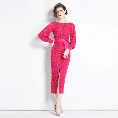 Đầm ren hồng sen dây cột eo mềm mại 6314