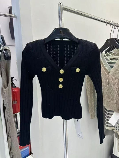 Áo len cổ tim dài tay nút ngực Màu Trắng 6859