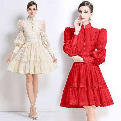 Đầm thiết kế xoè ngắn tay dài màu trắng kem 7744