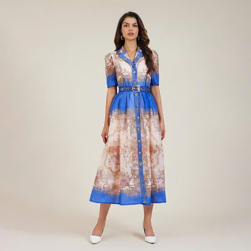 Đầm Zim kèm belt màu Nude phối Xanh dương 5335