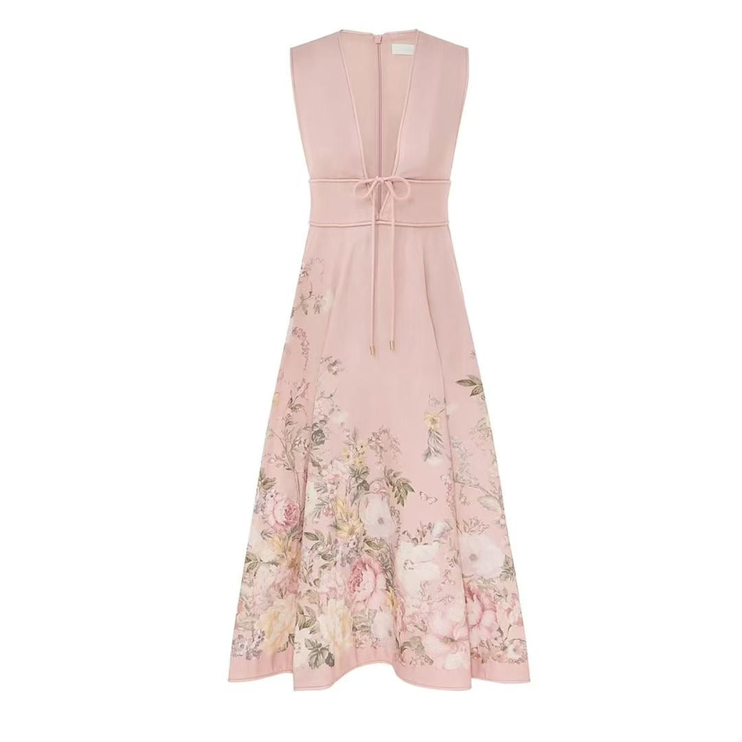 Đầm lụa sát nách ngực xẻ sâu bông màu hồng 6791