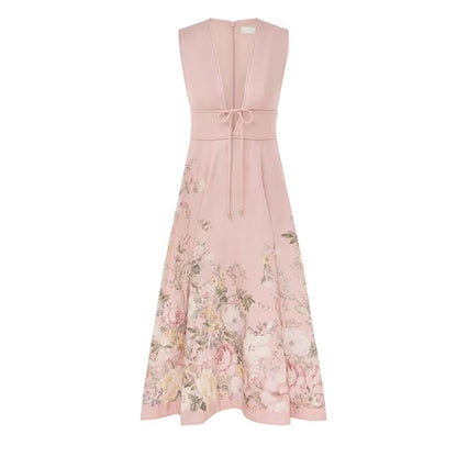 Đầm lụa sát nách ngực xẻ sâu bông màu hồng 6791