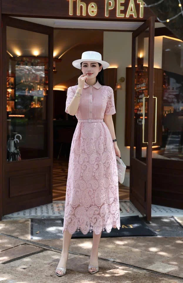 Đầm ren cổ sơ mi kèm belt tiểu thơ màu hồng 6307