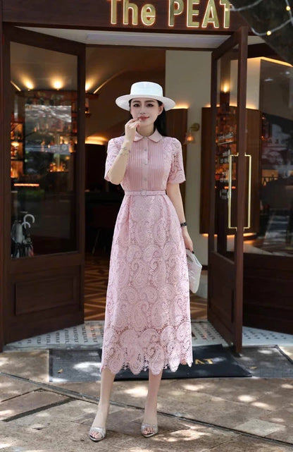 Đầm ren cổ sơ mi kèm belt tiểu thơ màu hồng 6307