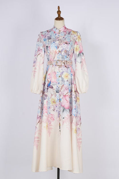 Đầm thiết kế dài tay nude phối hoa vàng kèm belt 6810