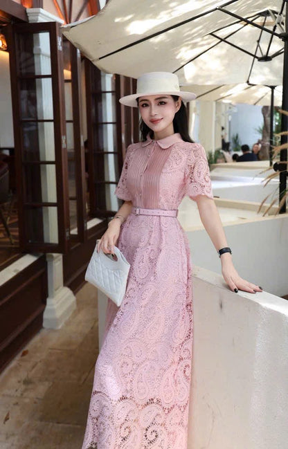 Đầm ren cổ sơ mi kèm belt tiểu thơ màu hồng 6307