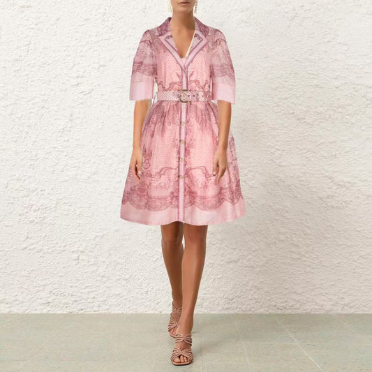 Đầm thiết kế cao cấp cổ sơ mi kèm belt Màu Hồng 6809