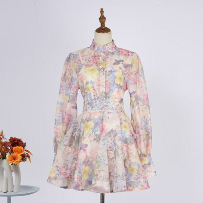 Set váy lụa ngắn xòe tay dài màu đen 6759