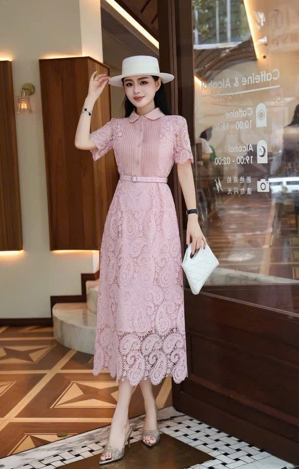 Đầm ren cổ sơ mi kèm belt tiểu thơ màu hồng 6307