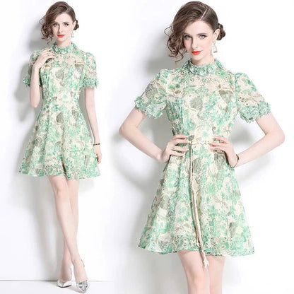 Đầm ren ngắn kèm dây belt bông màu Cam 6320