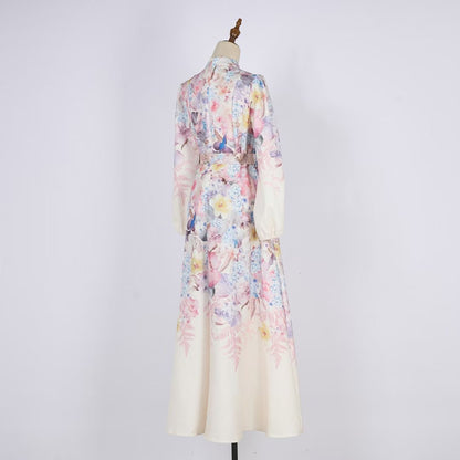 Đầm thiết kế dài tay nude phối hoa vàng kèm belt 6810