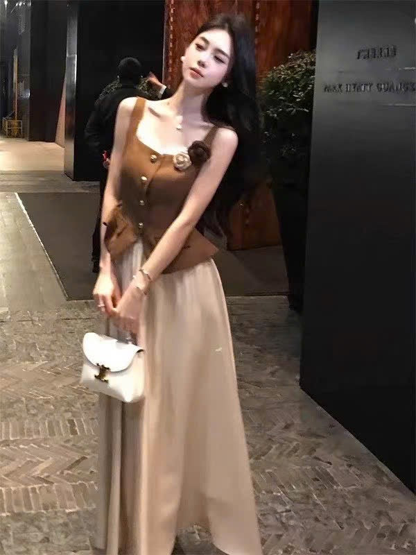 Sét áo dây chân váy màu nude siêu cute 5530