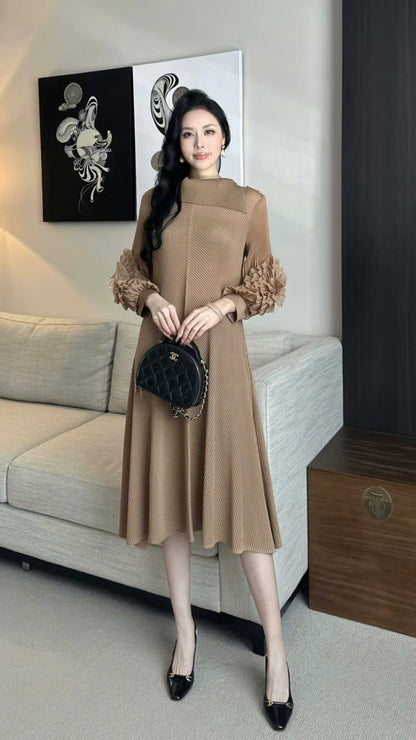 Đầm suông nhún cao cấp tay bồng Màu ĐEN 5024