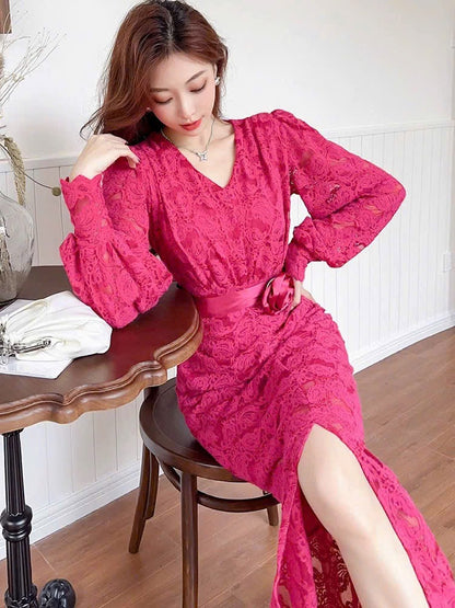 Đầm ren hồng sen dây cột eo mềm mại 6314